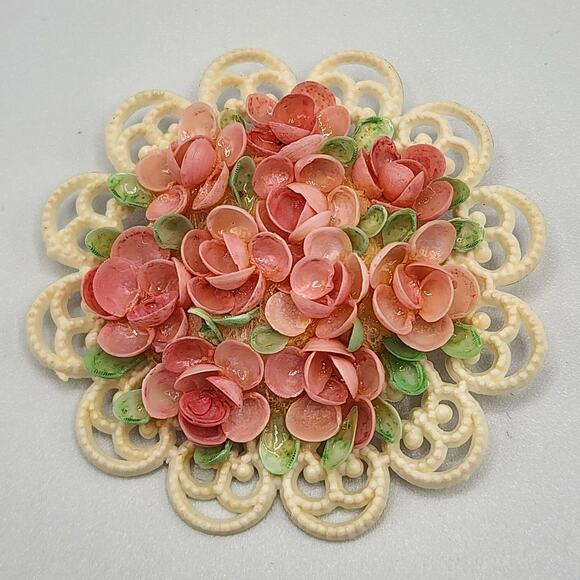 Celluloid Filigree Brooch w Pink Sea Shell Roses c. 1930s over 2" Spring Flowers - Picture 2 of 8